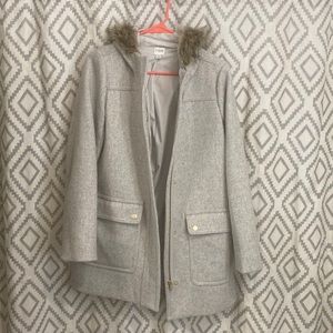 J. CREW Vail Faux Fur Hooded Wool Parka Coat in Heather Stone